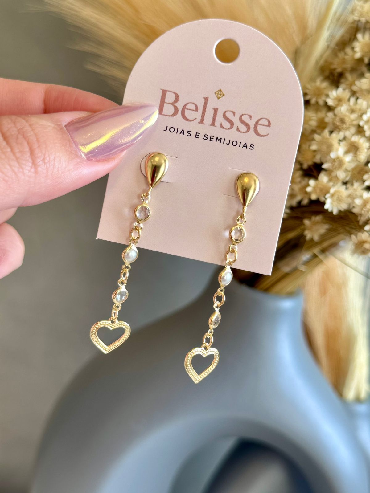 Brinco Longo Corações Pérola e Zircônia - Dourado