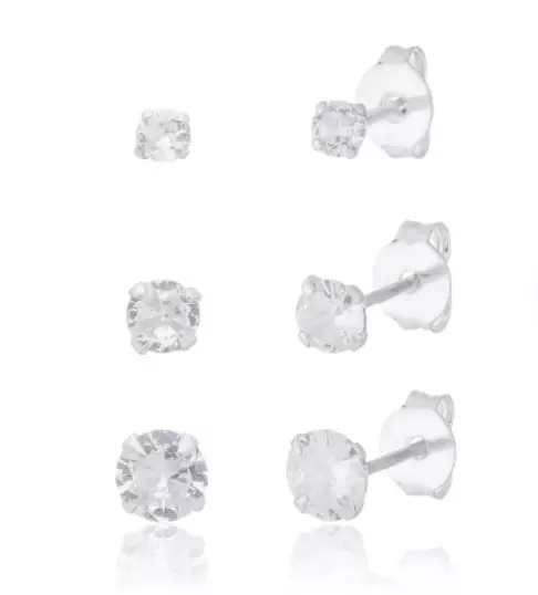 Trio de Brincos de Zircônias Redondas - Prata 925