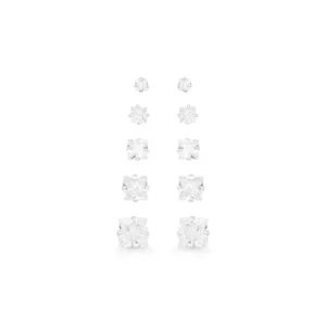 Kit Cinco Brincos de Zircônias Quadradas - Prata 925