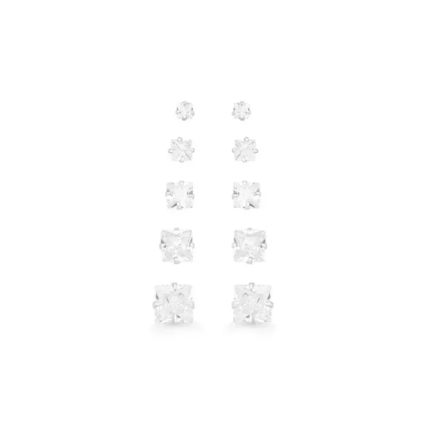 Kit Cinco Brincos de Zircônias Quadradas - Prata 925