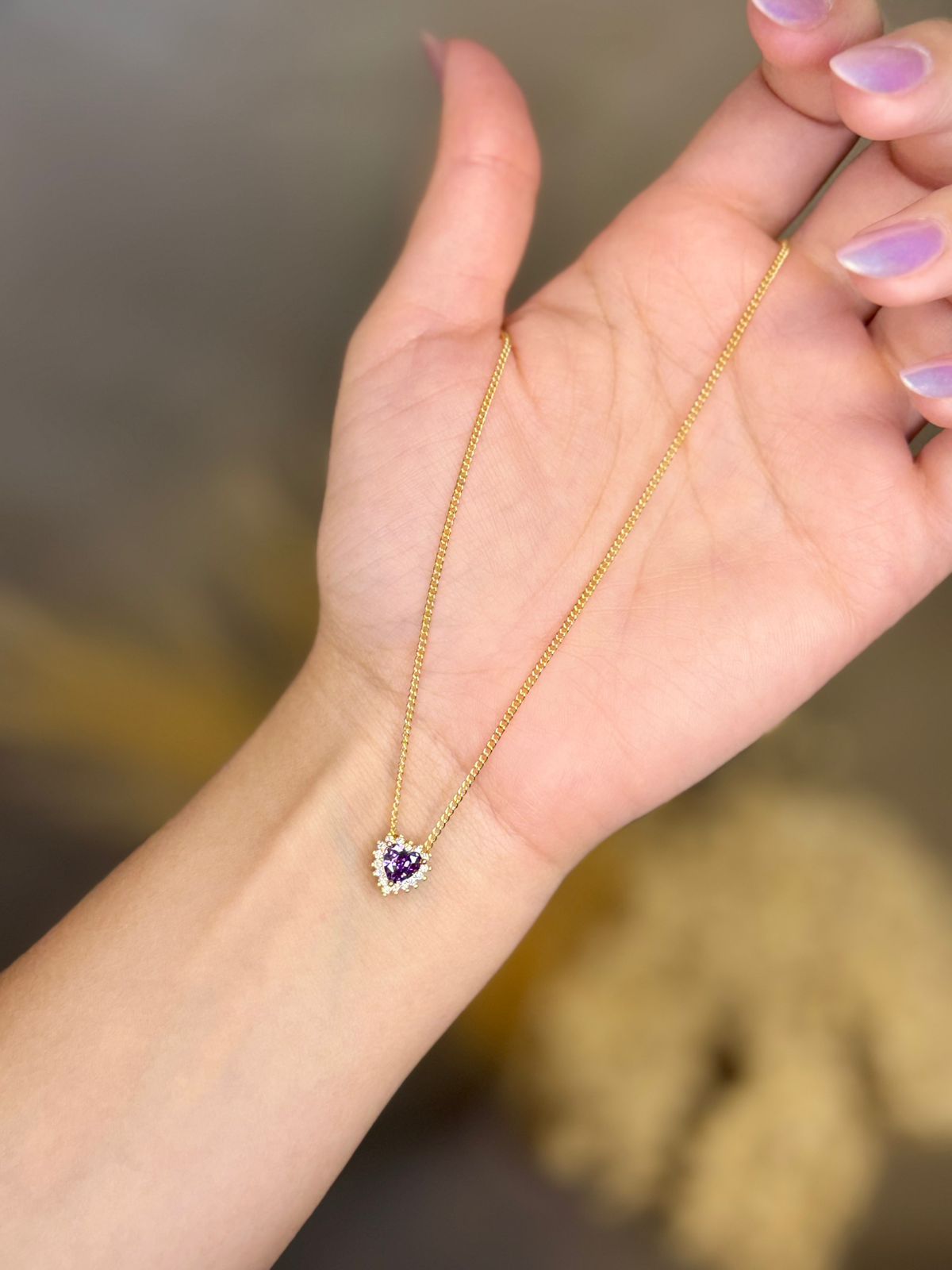 Colar Coração com Zircônia Roxa - Dourado