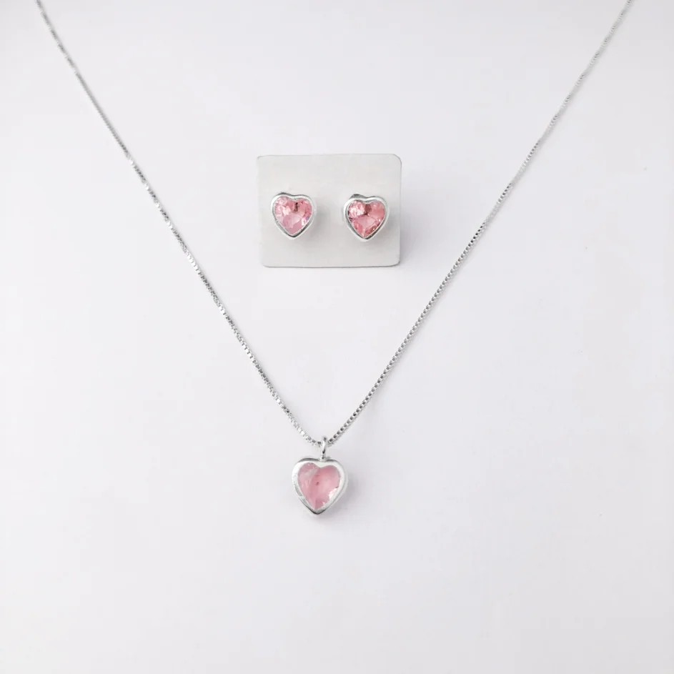 Conjunto de Coração em Zircônia Rosa - Prata 925