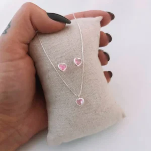 Conjunto de Coração em Zircônia Rosa - Prata 925