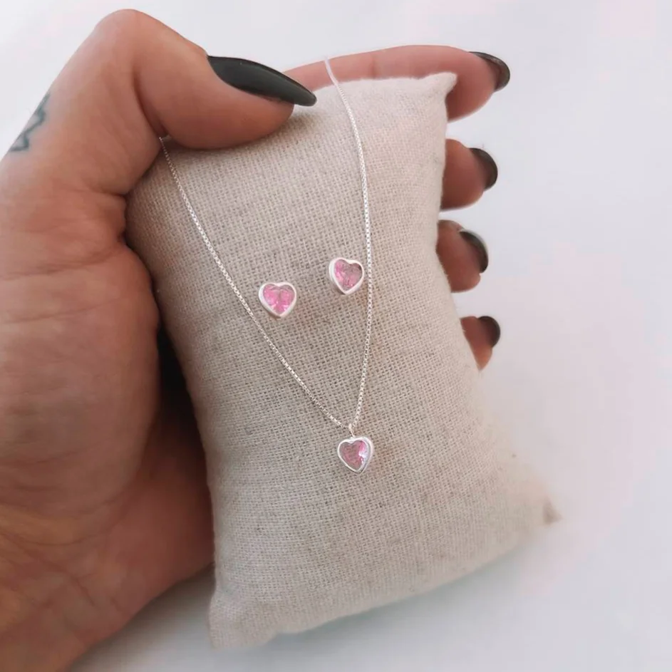 Conjunto de Coração em Zircônia Rosa - Prata 925