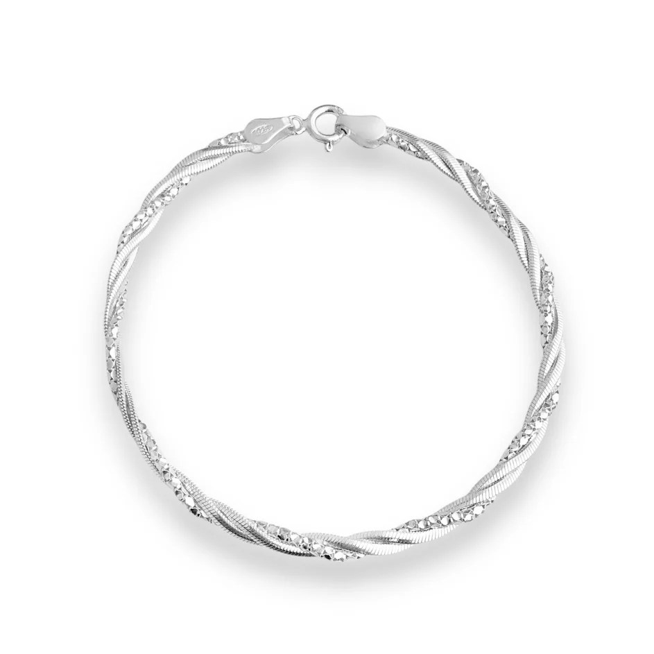 Pulseira Trançada Laminada com Diamantada 18cm - Prata 925