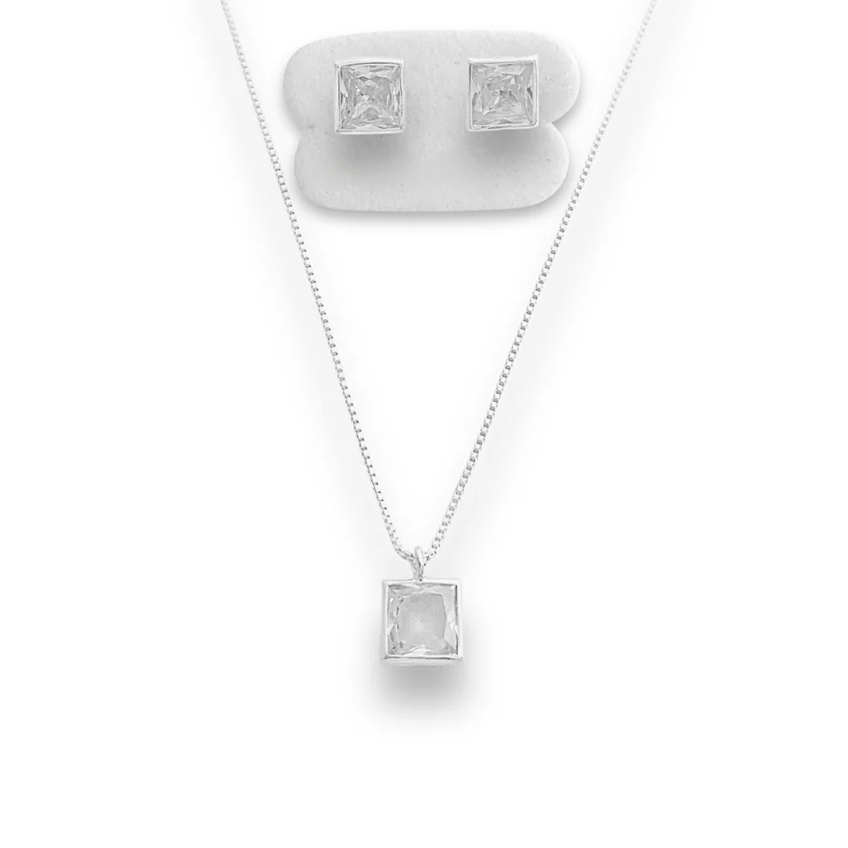 Conjunto Quadrado com Zircônia Cristal 40cm - Prata 925