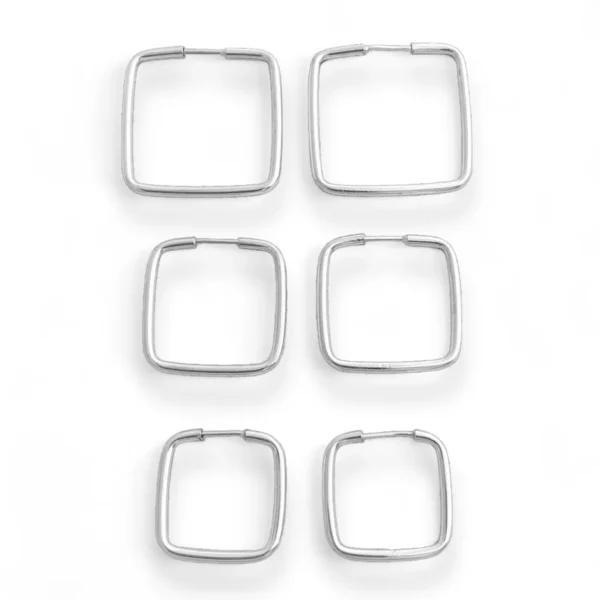 Trio de Brincos com Argolas Quadradas - Prata 925