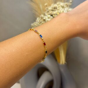 Pulseira com Zircônias Coloridas 18cm - Dourado