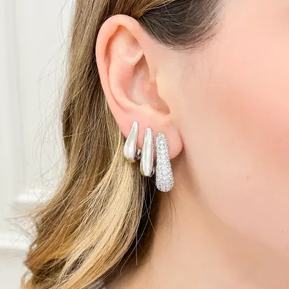 Brinco Trio Argola Lisa e Cravejada - Ródio Branco