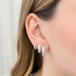 Trio de Brincos Argola Duas Fileiras de Zircônias - Ródio Branco