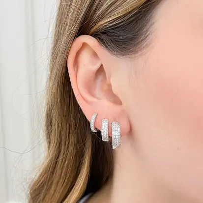 Trio de Brincos Argola Duas Fileiras de Zircônias - Ródio Branco