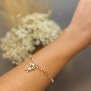 Pulseira Menina Cravejada com Micro Zircônias Rosa - Dourado