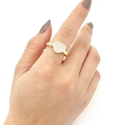 Anel Liso com Coração Cravejado e Caixa Detalhada - Dourado