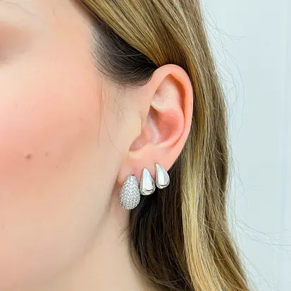 Brinco Trio Gotas Arredondadas Lisas e Cravejadas - Ródio Branco