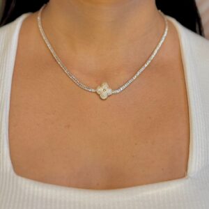 Colar Choker Inspiração Zircônia Baguete e Trevo Cravejado 45cm - Dourado
