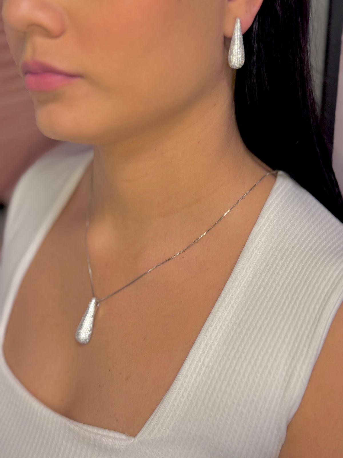 Conjunto Gota Fina em Micro Zircônias 50cm - Ródio Branco