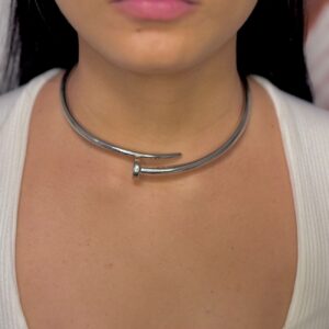 Colar Choker Inspiração Aro Prego Liso - Ródio Branco