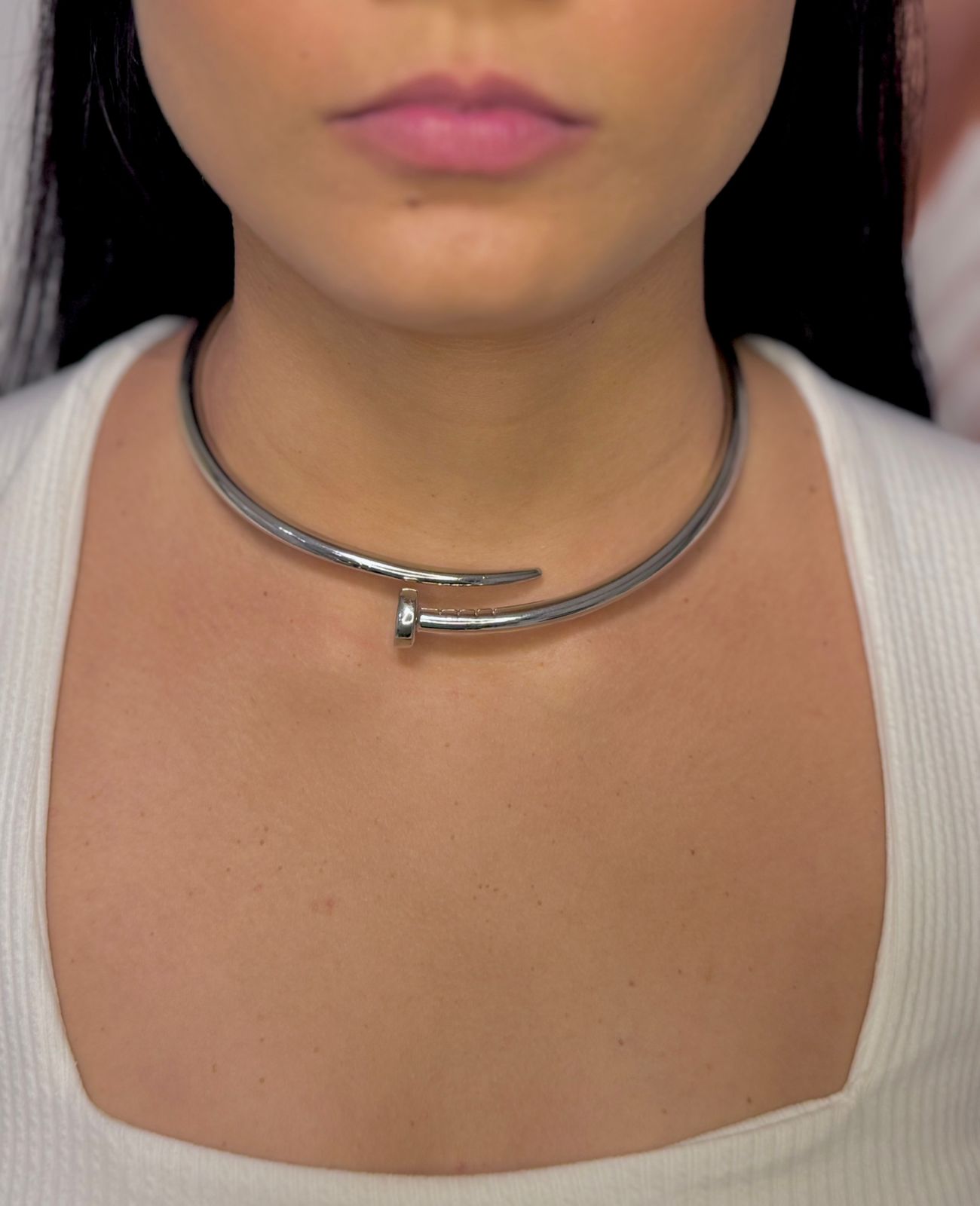 Colar Choker Inspiração Aro Prego Liso - Ródio Branco