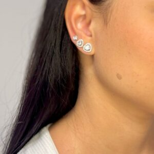 Trio de Brincos Coração com Contorno de Micro Zircônias - Ródio Branco