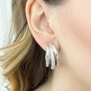 Brincos Três Tubos com Um em Micro Zircônias - Ródio Branco