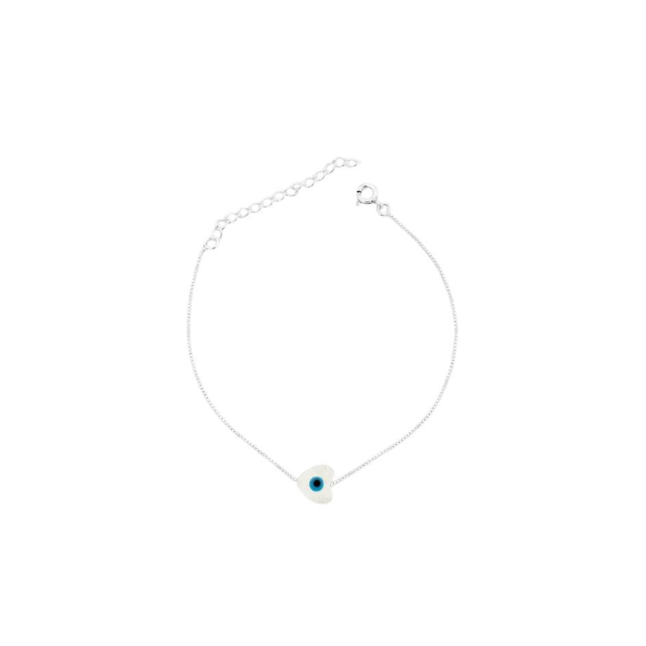 Pulseira de Coração de Olho Grego em Madrepérola 16cm - Prata 925