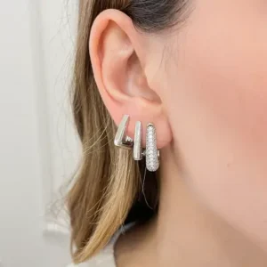 Brinco Trio Triangular Liso e Cravejado - Ródio Branco