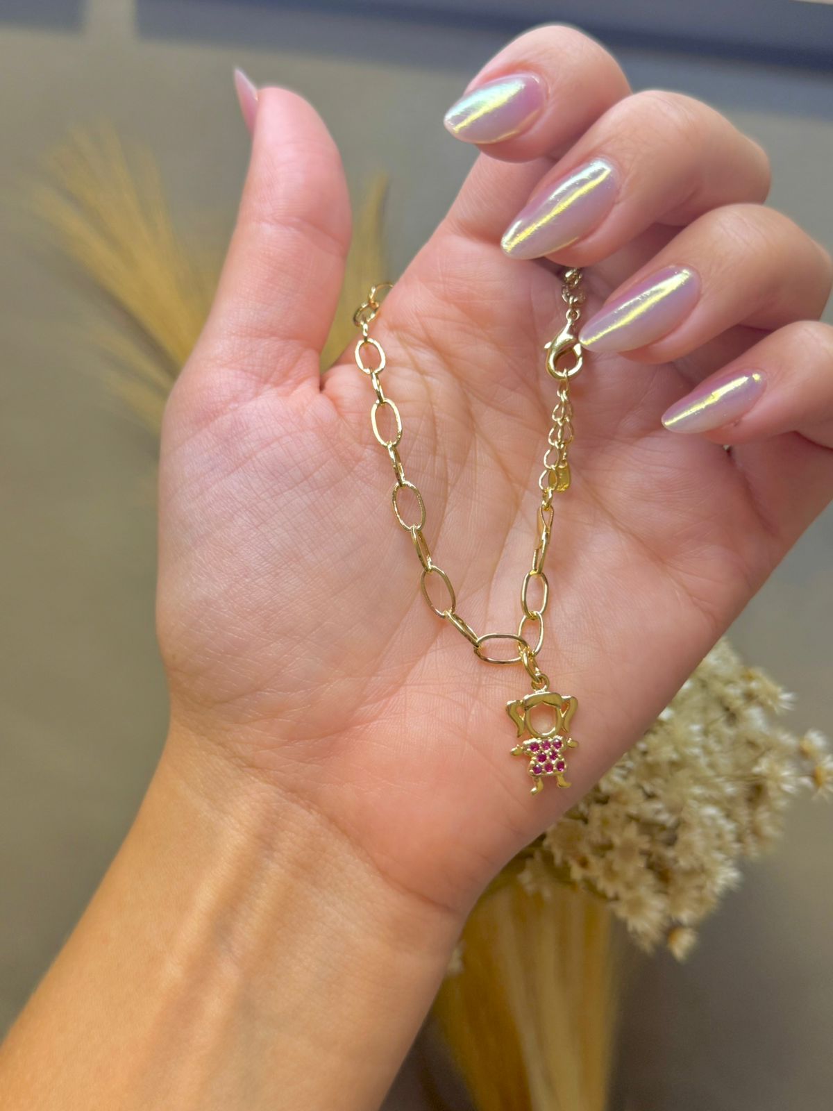 Pulseira Menina Cravejada com Micro Zircônias Rosa - Dourado