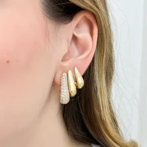 Brinco Trio Argola Lisa e Cravejada - Dourado