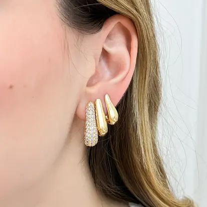 Brinco Trio Argola Lisa e Cravejada - Dourado