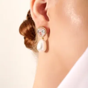 Brinco Gota em Zircônia e Pérola - Dourado
