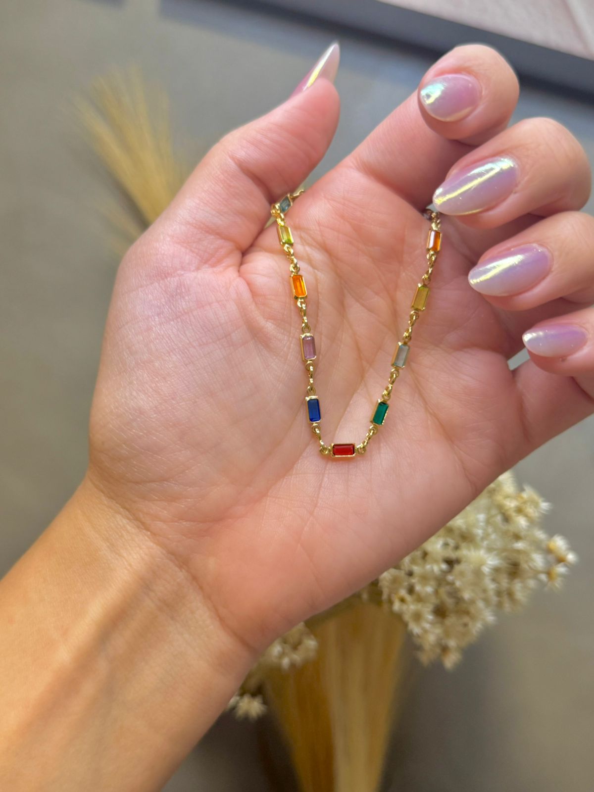 Pulseira com Zircônias Coloridas 18cm - Dourado