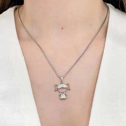 Colar Veneziana Grossa Pingente Menina em Zircônia 50cm - Ródio Branco