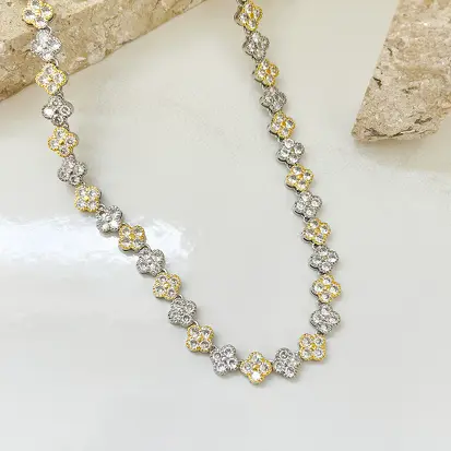 Colar Trevos Detalhados em Micro Zircônias 45cm - Dourado e Ródio