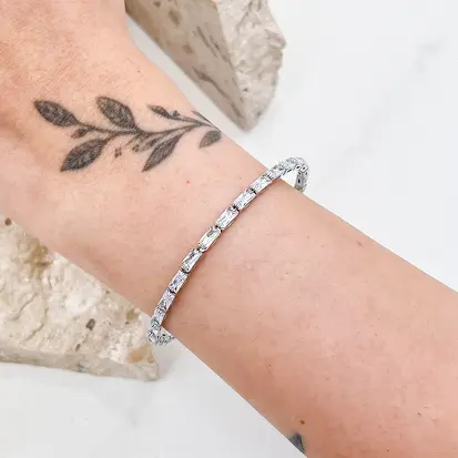 Bracelete Maleável em Zircônias Baguete - Ródio Branco