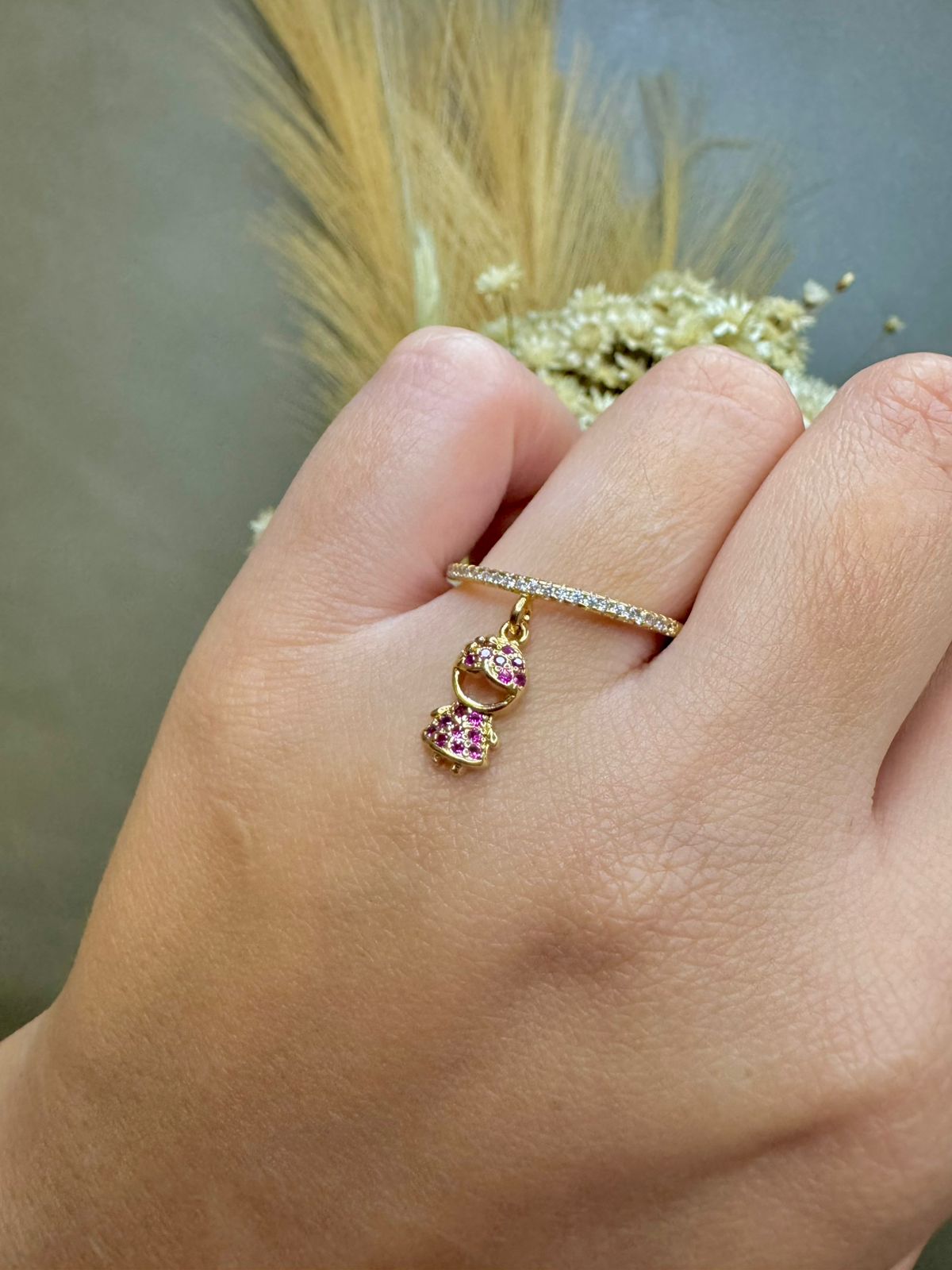 Anel Menina com Zircônia Rosa - Dourado