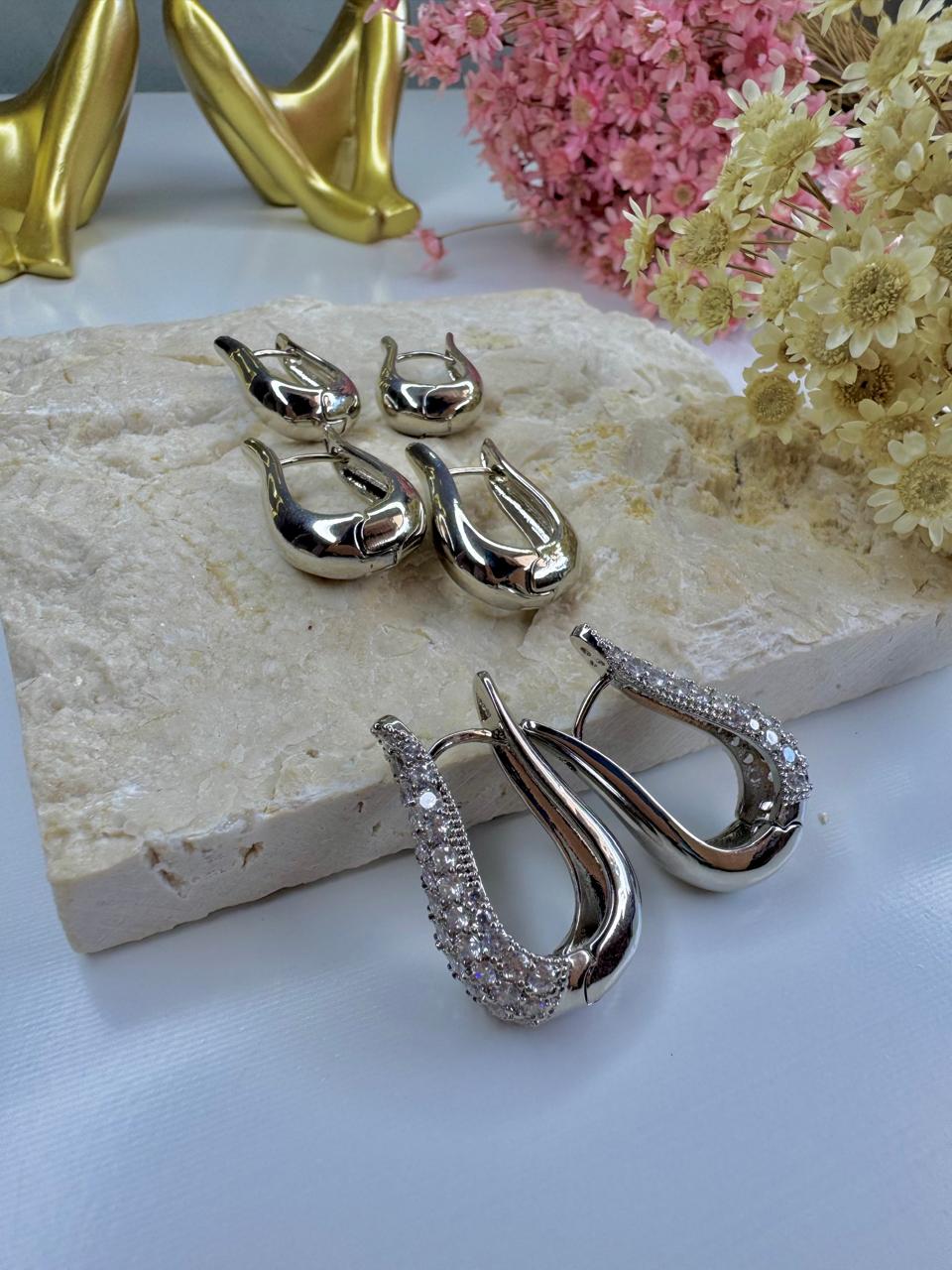 Brinco Trio Argola Lisa e Cravejada - Ródio Branco